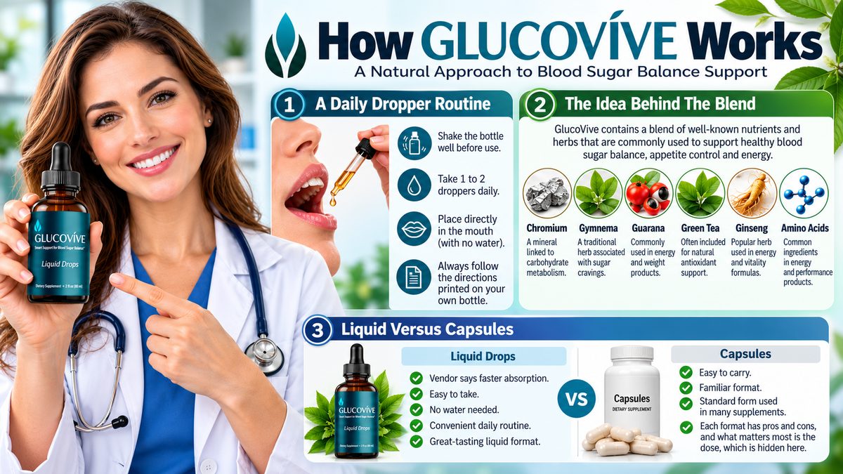 Brand infographic showing the GlucoVive daily dropper routine, blend idea and liquid versus capsules